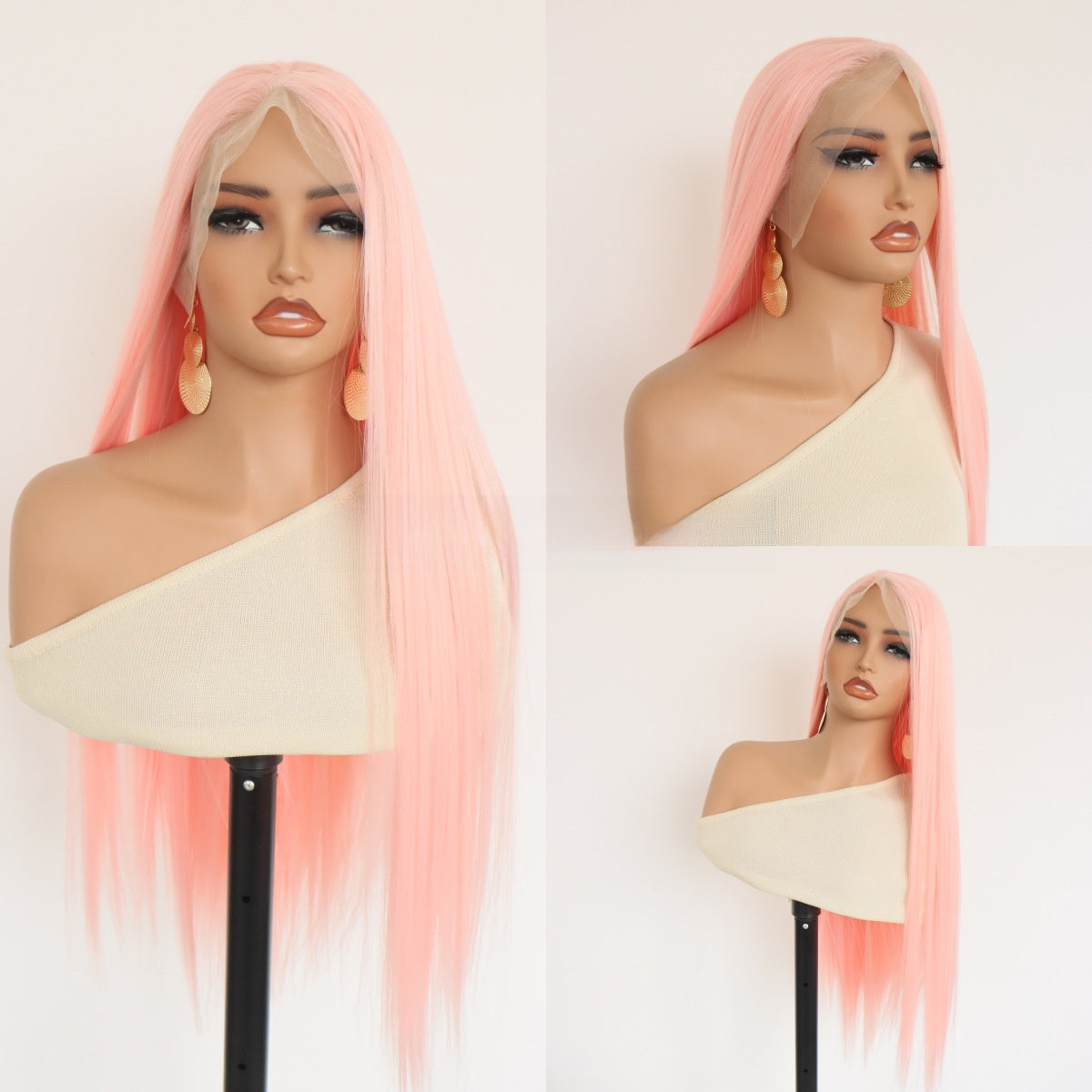 Light pink lace front synthetic long straight wig