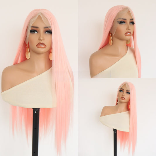 Light pink lace front synthetic long straight wig