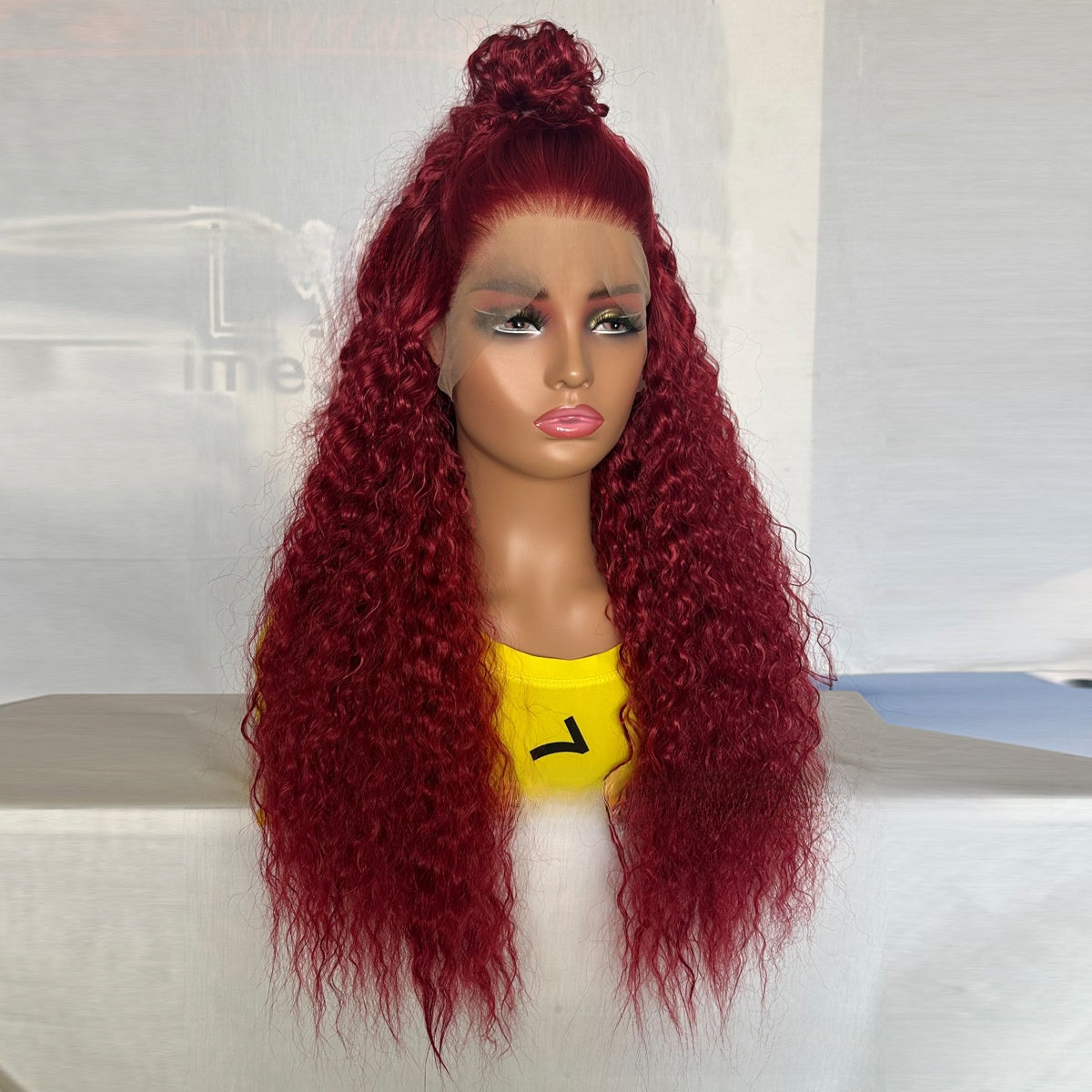 Long curly burgundy lace front wig — product photo 2