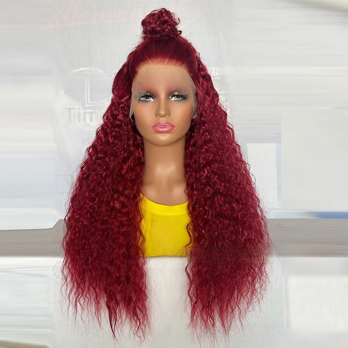 Long curly burgundy lace front wig — product photo 3