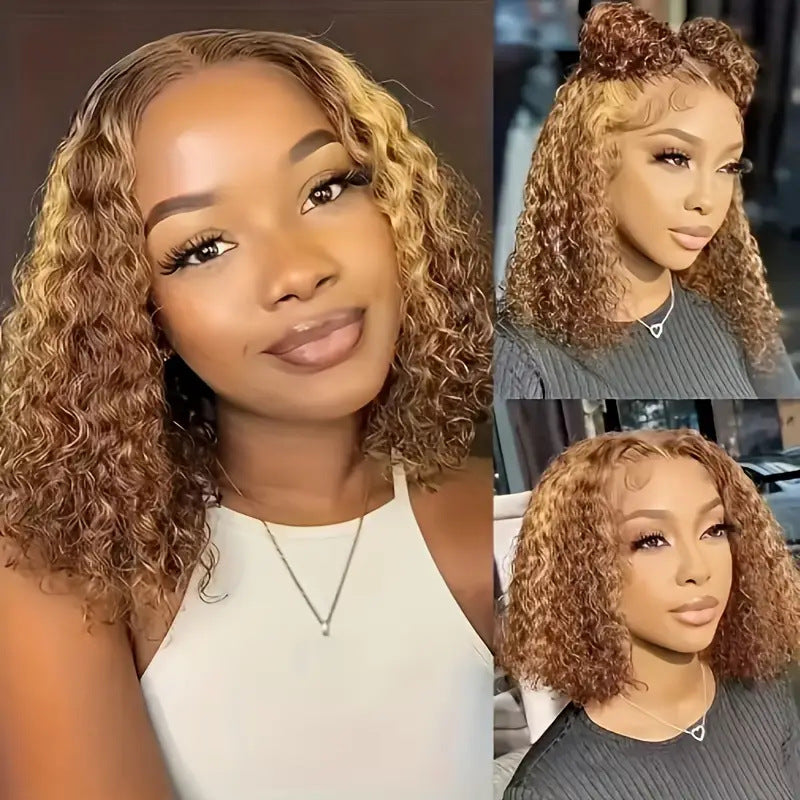 Close-up of the lace front hairline and middle part on the honey blonde highlighted curly wig