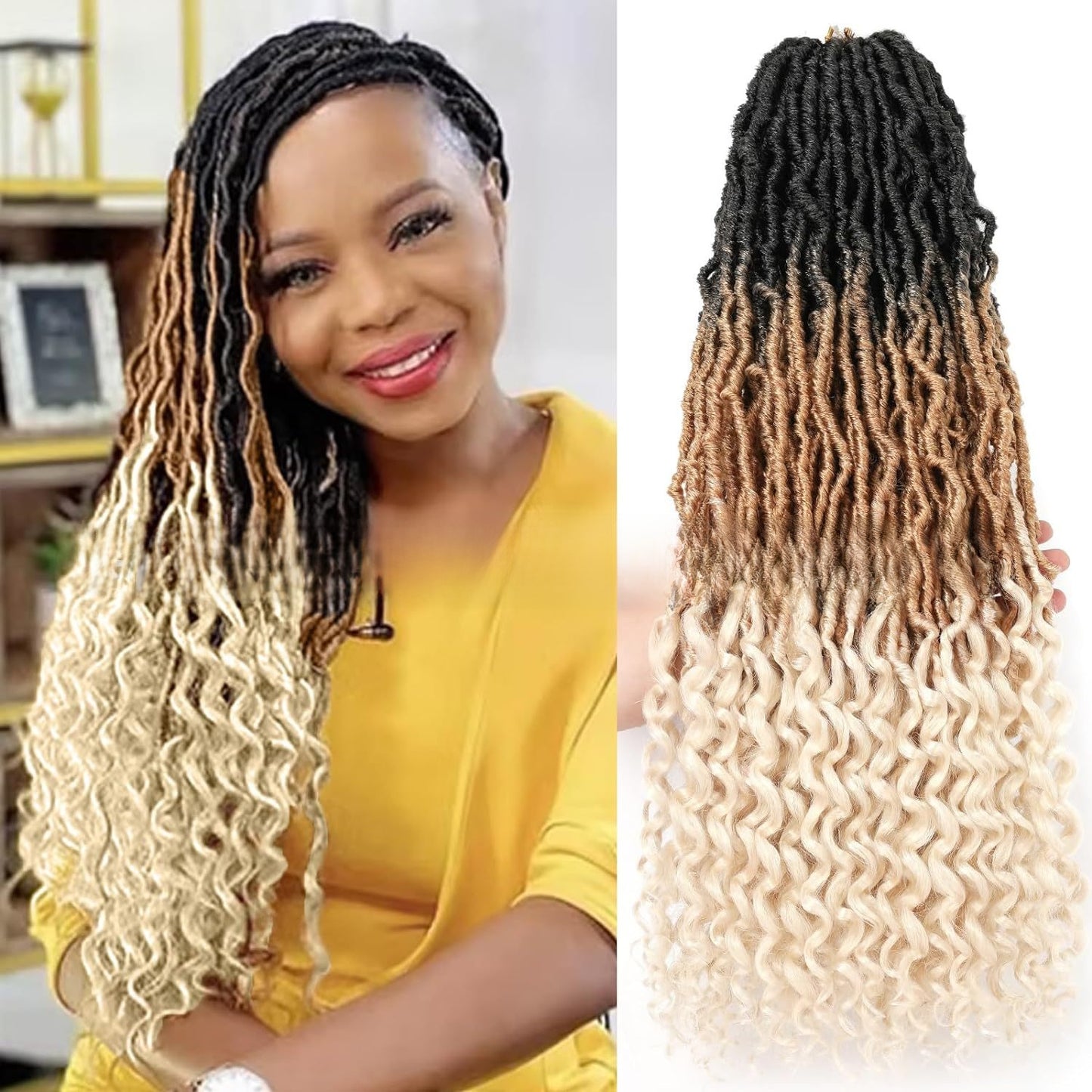 Curly-end synthetic wig in jet black, medium brown and platinum blonde blend