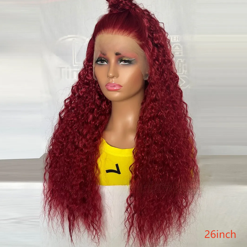 Long curly lace front wig in burgundy, 26 inch