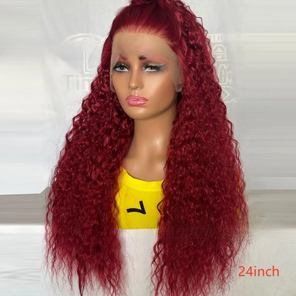 Long curly lace front wig in burgundy, 24 inch