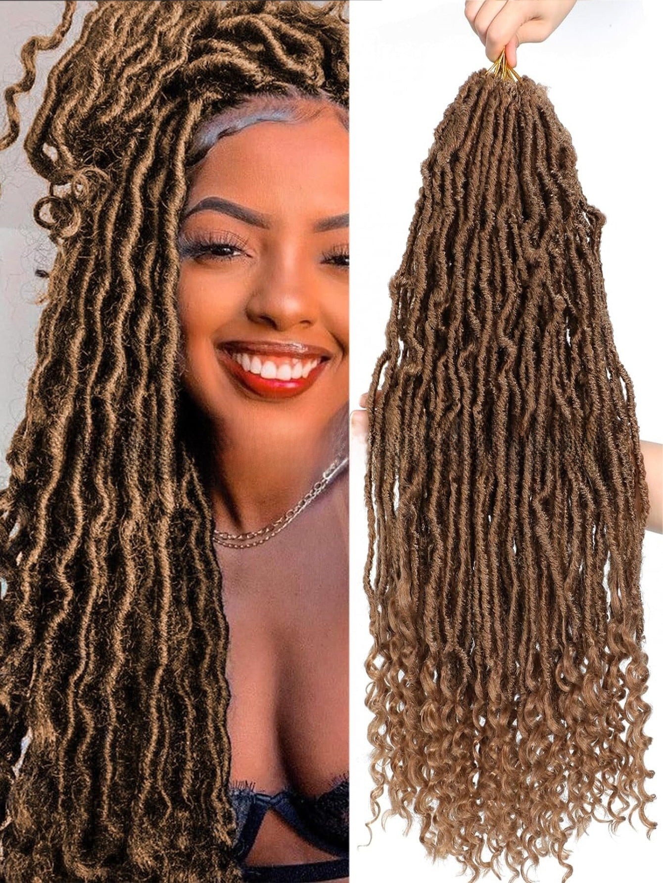 Curly-end synthetic wig in medium brown