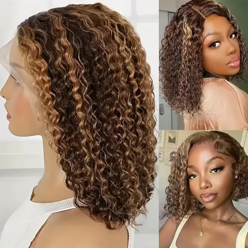 Short curly lace front wig in honey blonde highlights, side profile and close-up of curl texture