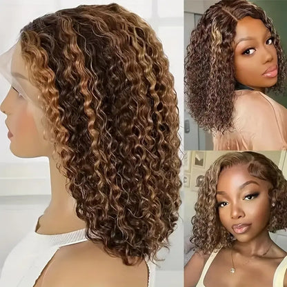 Short curly lace front wig in honey blonde highlights, side profile and close-up of curl texture