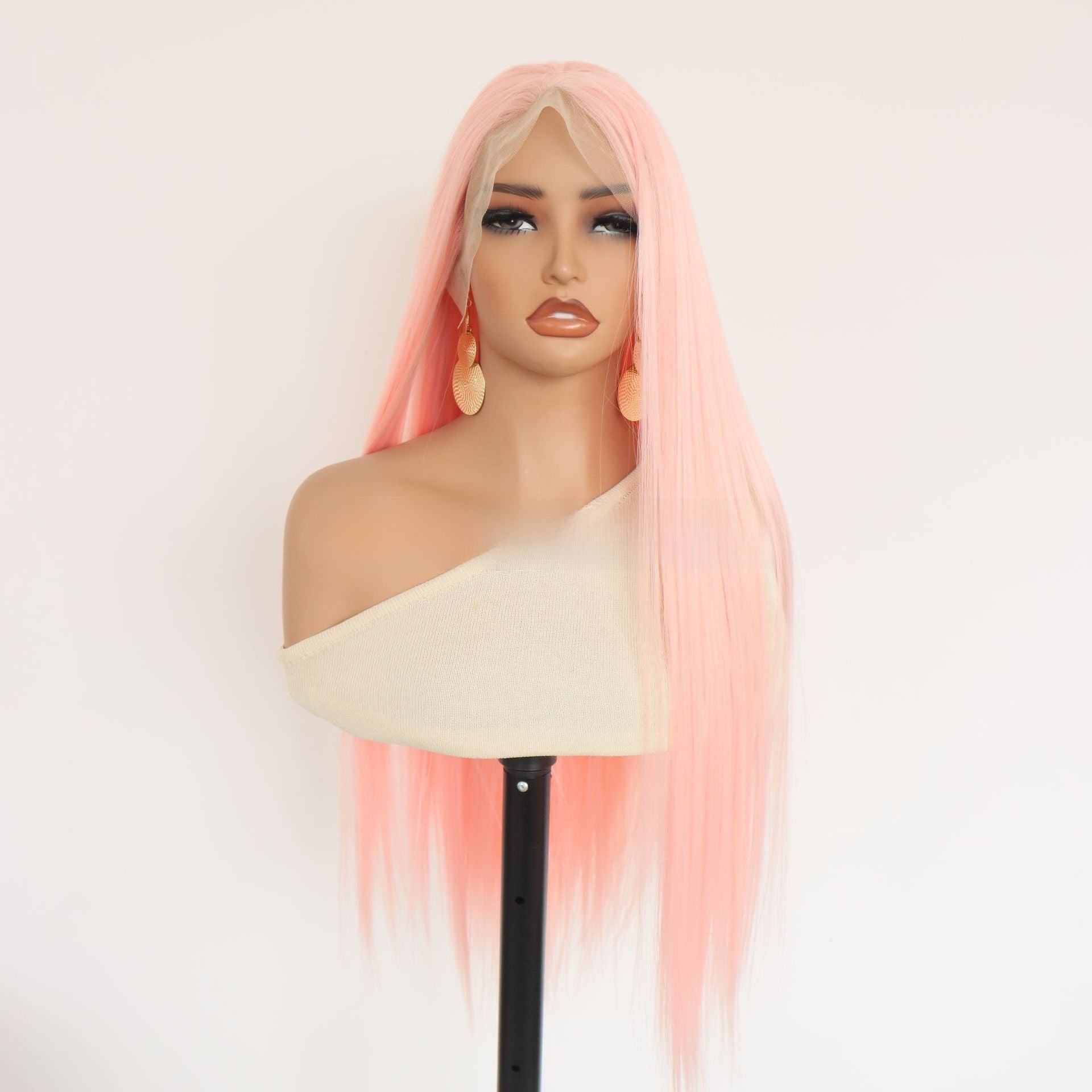 Long straight lace front synthetic wig in light pink