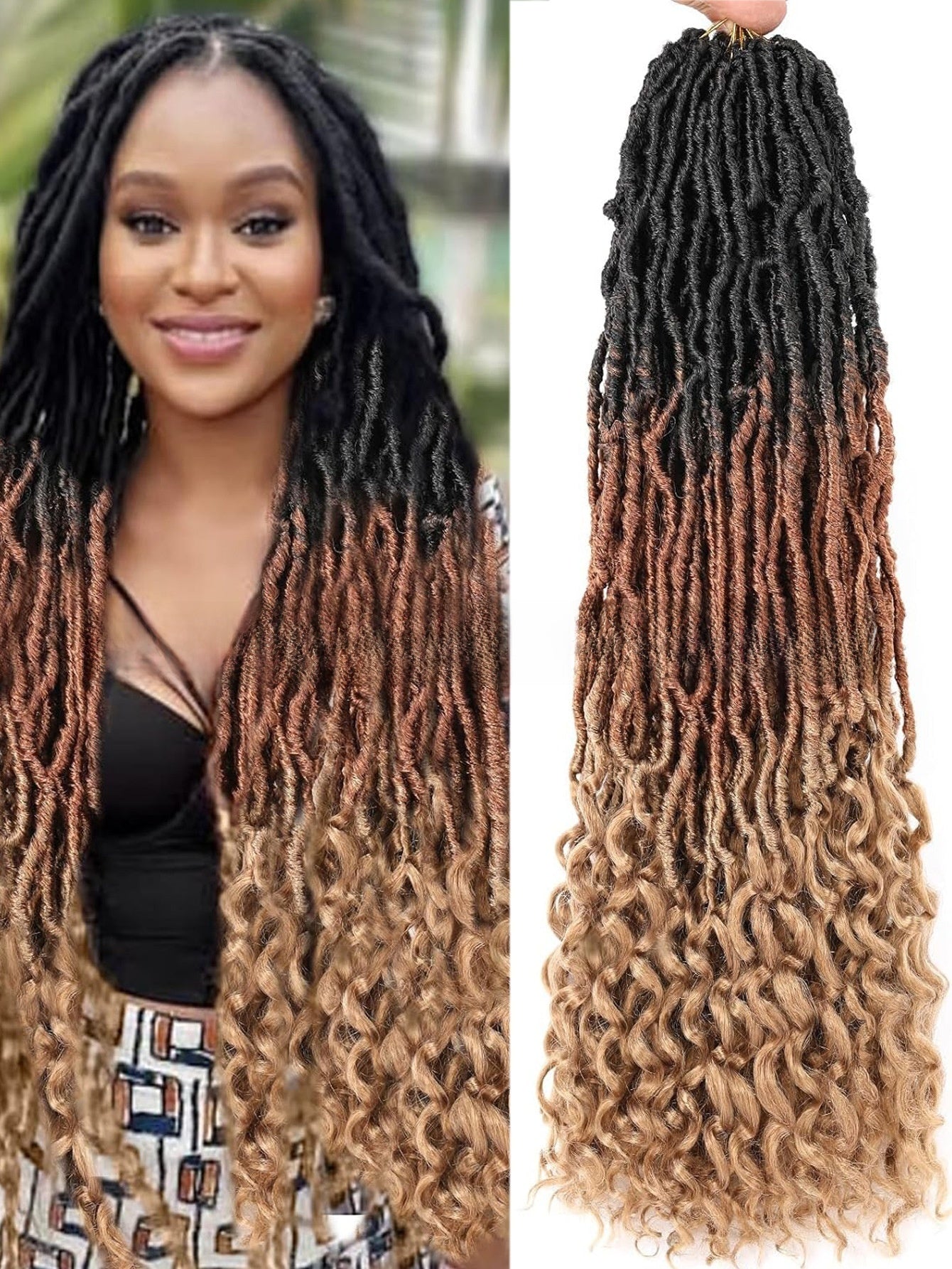 Curly-end synthetic wig in jet black, dark brown and medium brown blend