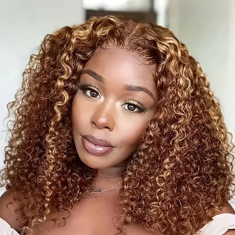 Honey blonde highlighted curly bob wig shown on a mannequin, full front view