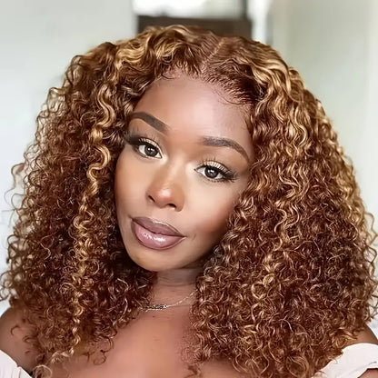 Honey blonde highlighted curly bob wig shown on a mannequin, full front view