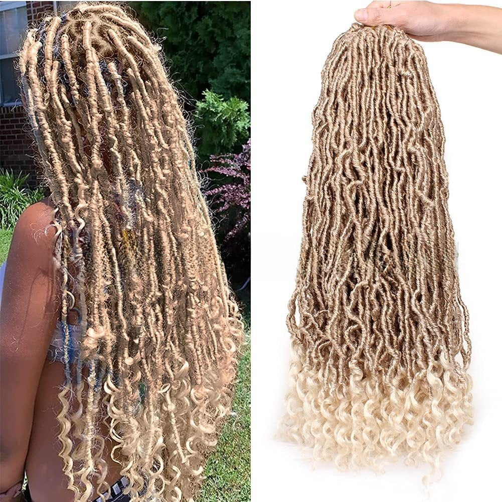 Curly-end synthetic wig in medium brown and platinum blonde blend