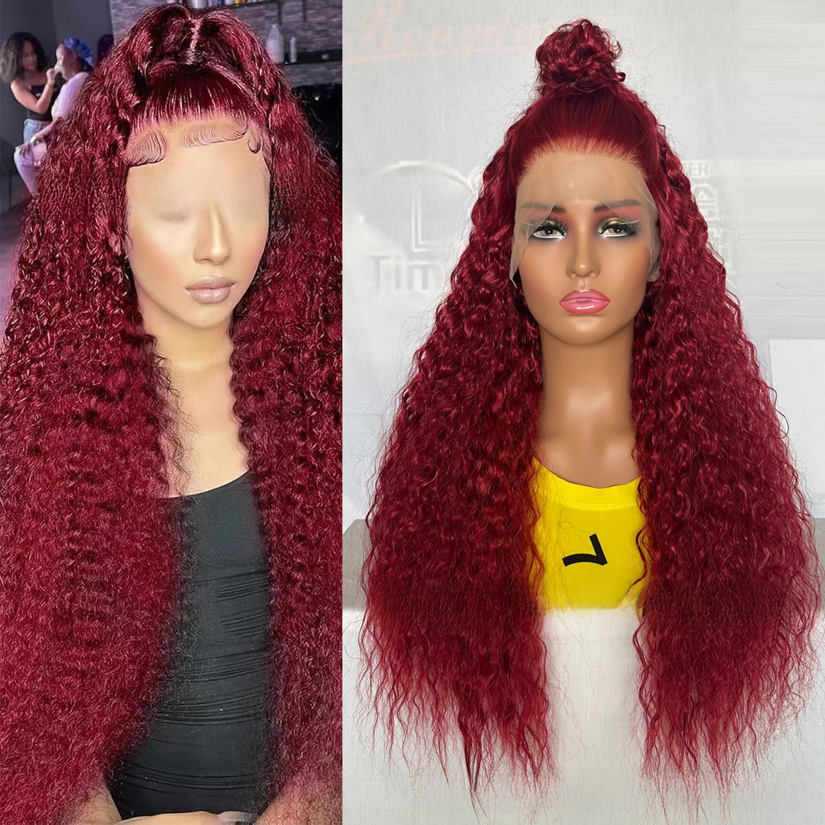 Long curly lace front wig in burgundy