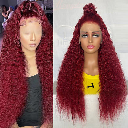 Long curly lace front wig in burgundy