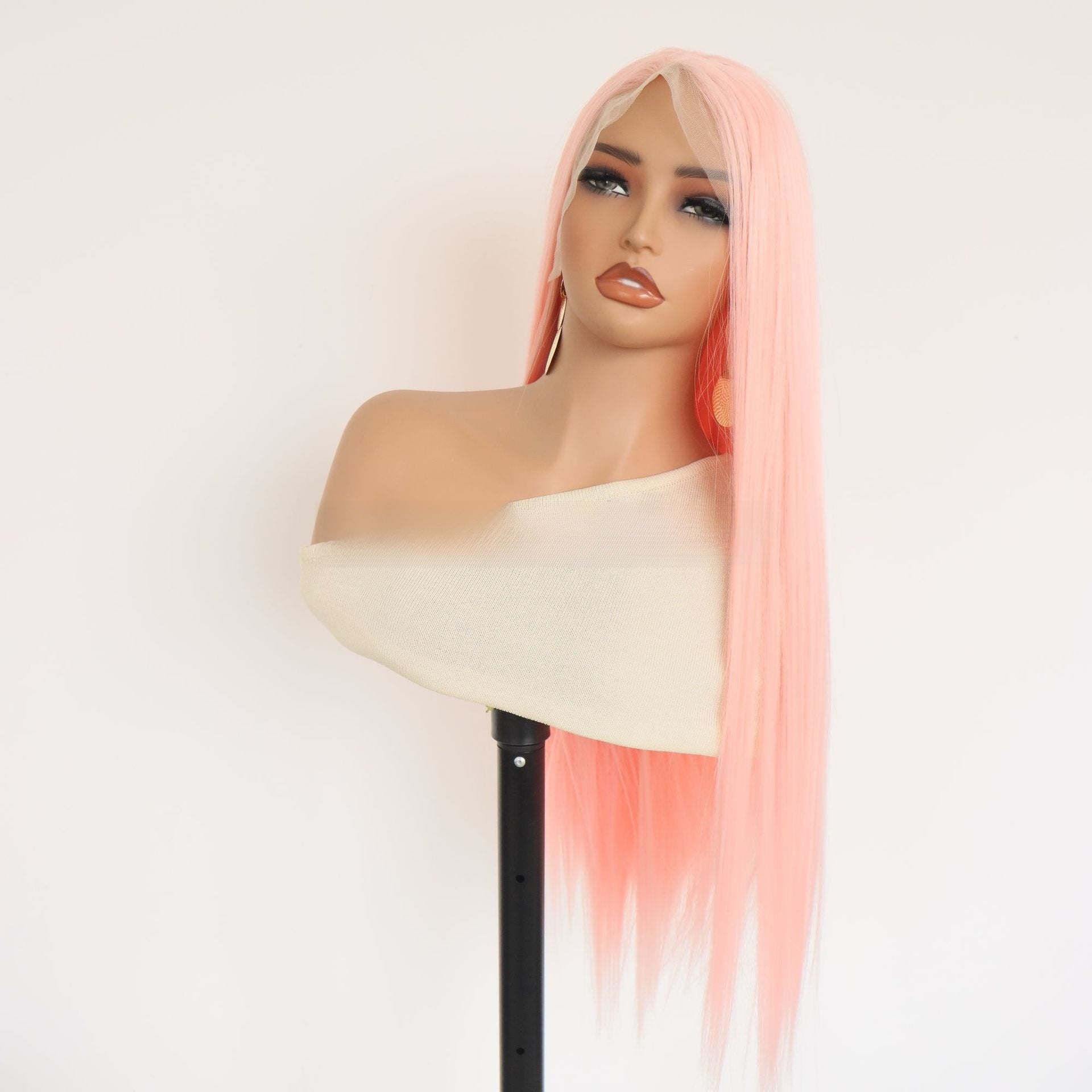 Light pink long straight lace front wig — product photo 3