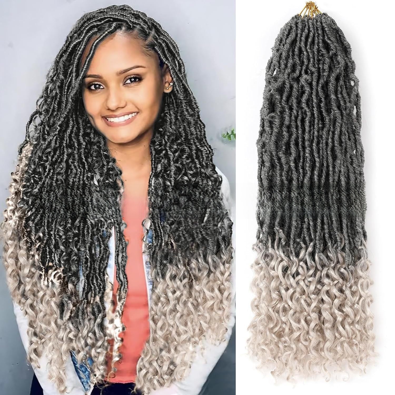 Curly-end synthetic wig in tinted grey