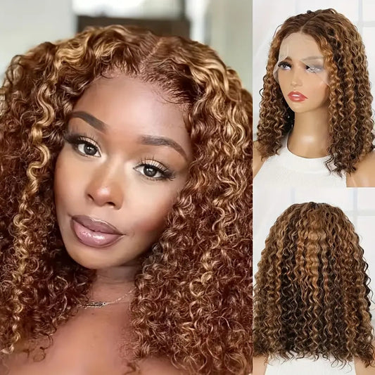 Short curly lace front wig in honey blonde highlights on brown, worn front view