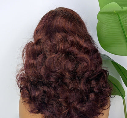 Indian Remy bouncy curl wig in auburn burgundy, 20 inch, shown from the back