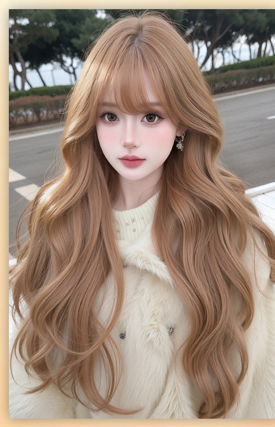 Long wavy champagne gold wig with a full fringe, worn by a model