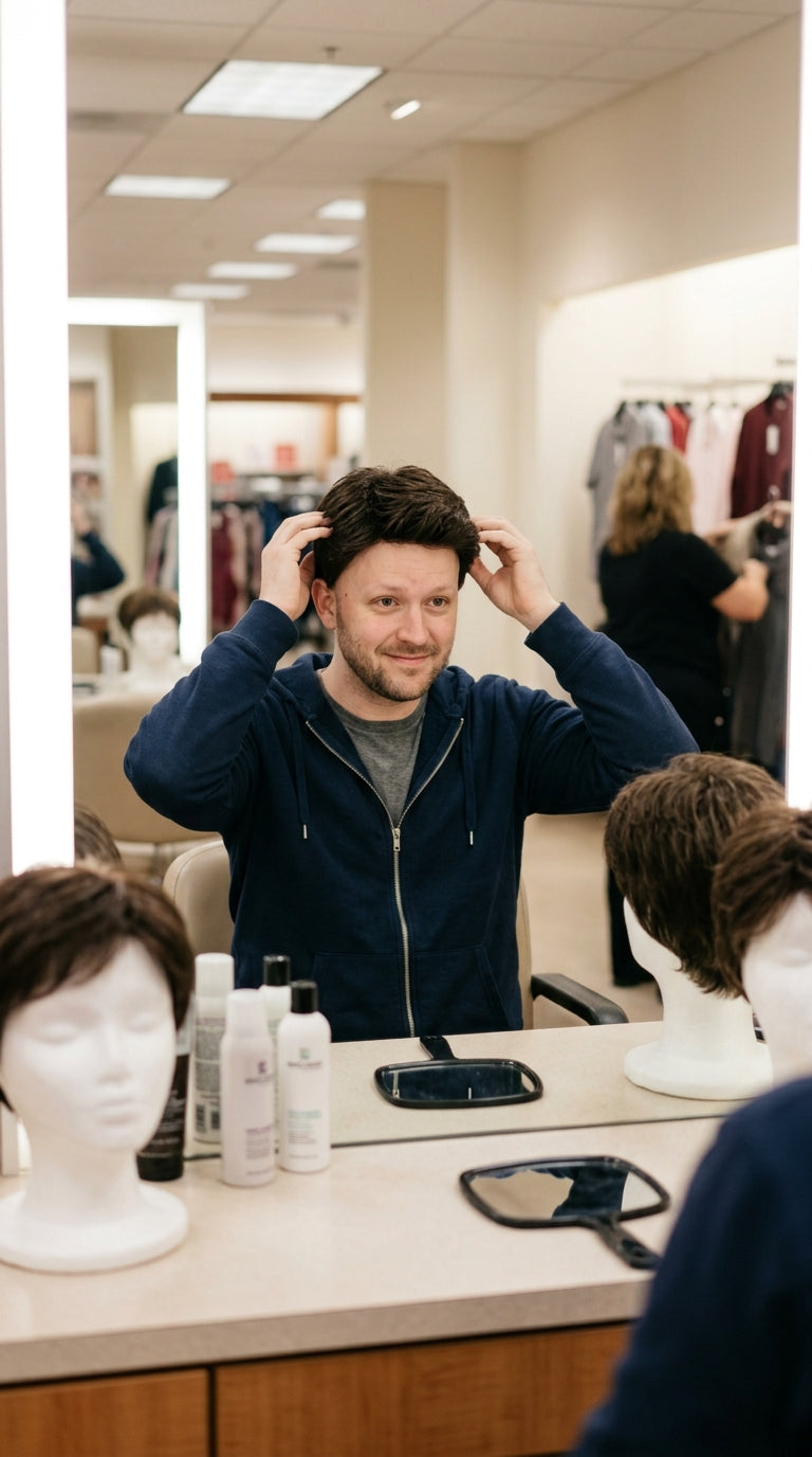 A man trying on a wig at a fitting mirror surrounded by display heads
